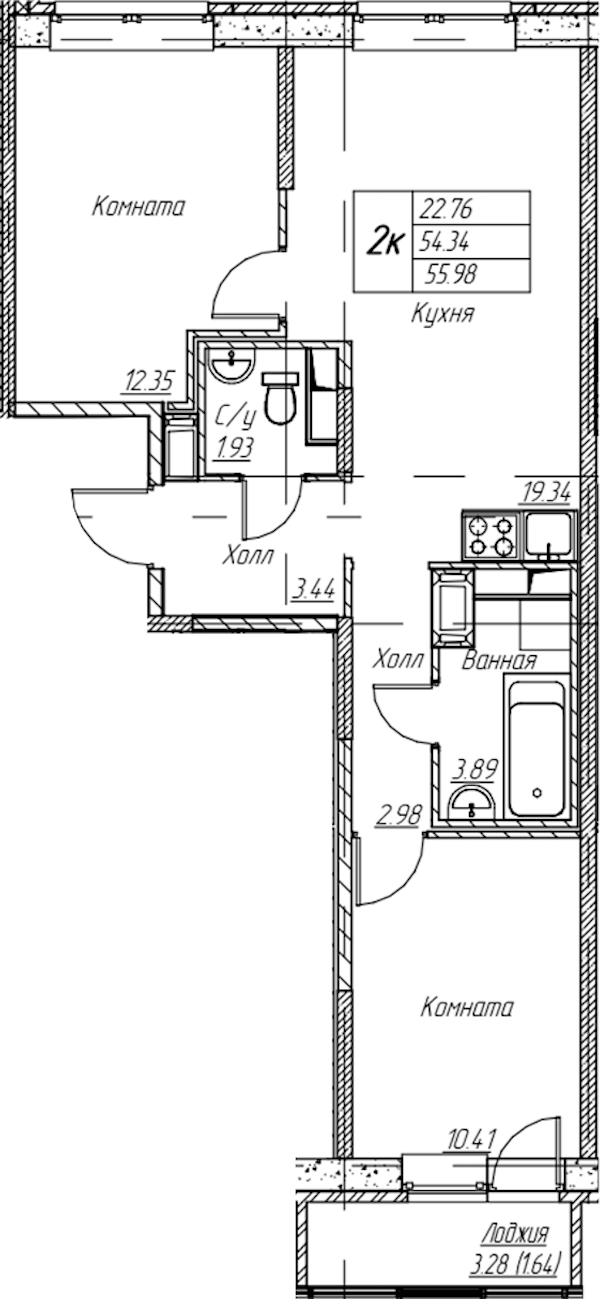 2-комнатная квартира 55.98 м², 4/22 эт., ЖК «Парк-квартал Юнтолово»